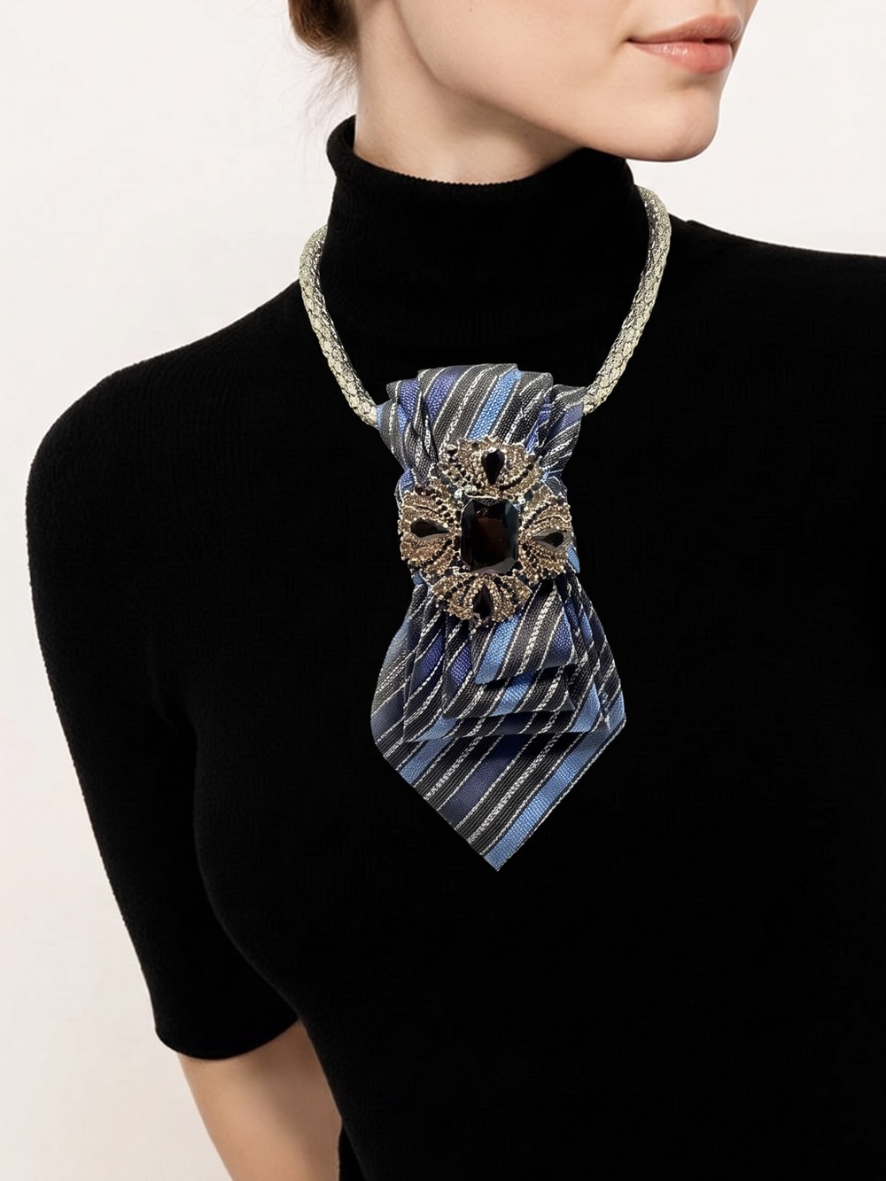CHIC CHICK UPCYCLE | Blue/Black Striped Statement Tie Necklace Crystal Brooch